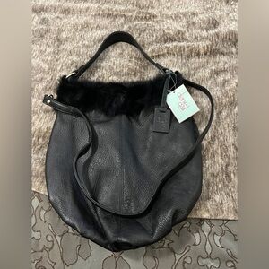NWT Diane Gail Los Angeles Leather hobo bag cross body purse Rabbit trim black
